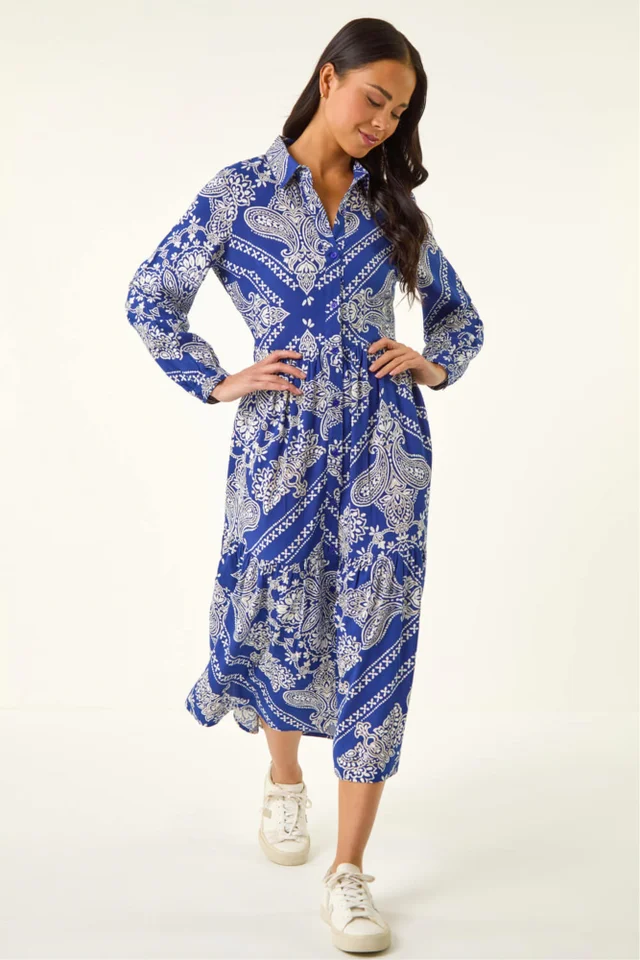 Roman Blue Petite Print Tiered Shirt Midi Dress