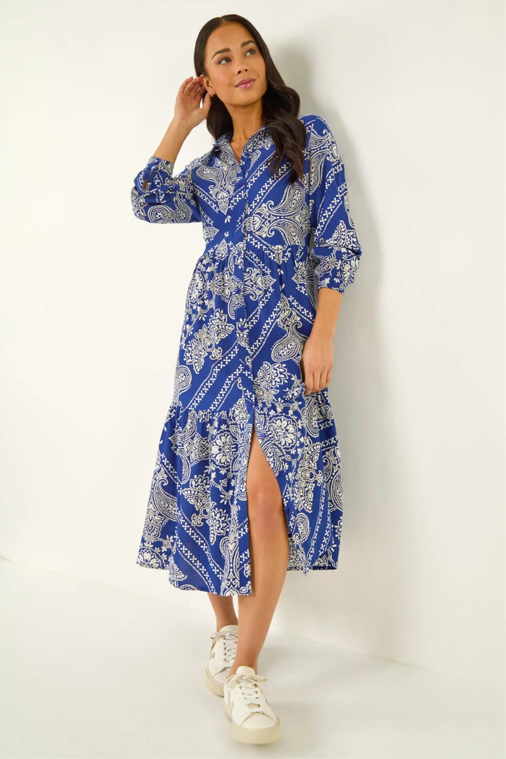Roman Blue Petite Print Tiered Shirt Midi Dress - Size 10 Image 1
