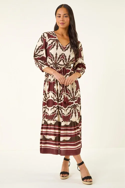Roman Chocolate Petite Abstract Print V-Neck Midi Dress - Size 16 Image 2