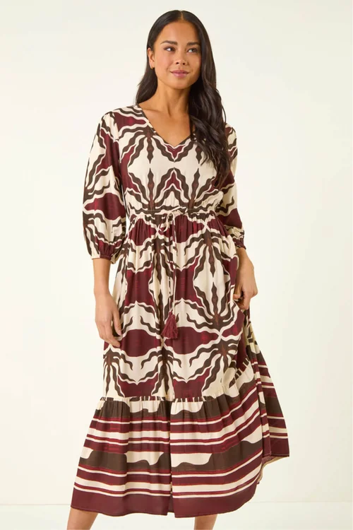 Roman Chocolate Petite Abstract Print V-Neck Midi Dress - Size 16 Image 4