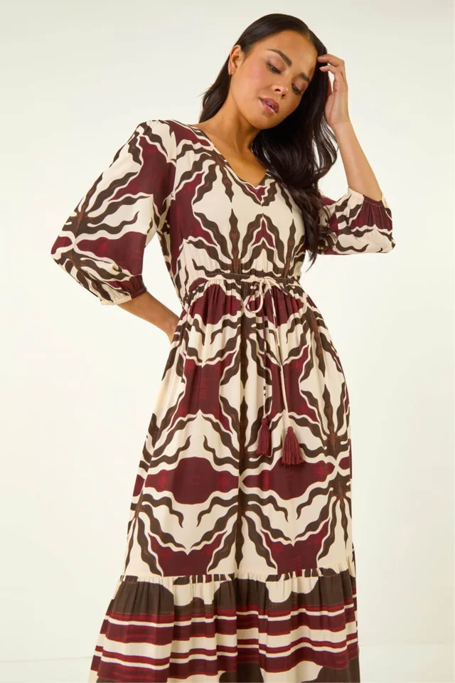 Roman Chocolate Petite Abstract Print V-Neck Midi Dress
