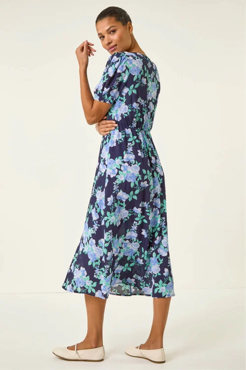Roman Navy Floral Lace Trim Midi Dress - 12 Image 3