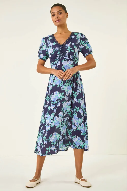Roman Navy Floral Lace Trim Midi Dress - 12 Image 2