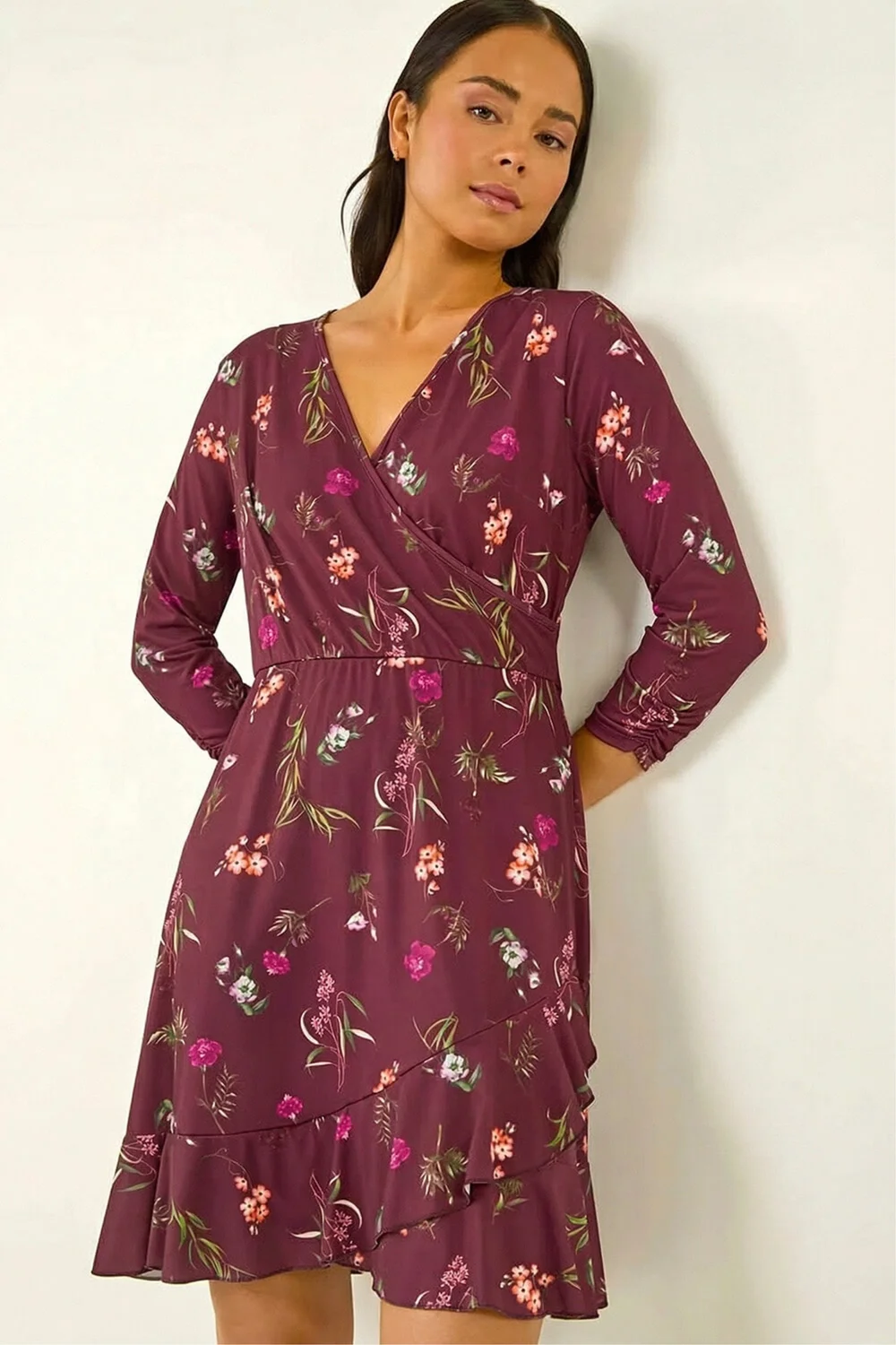 Roman Wine Petite Floral Wrap Frill Stretch Dress - 10 Image 1