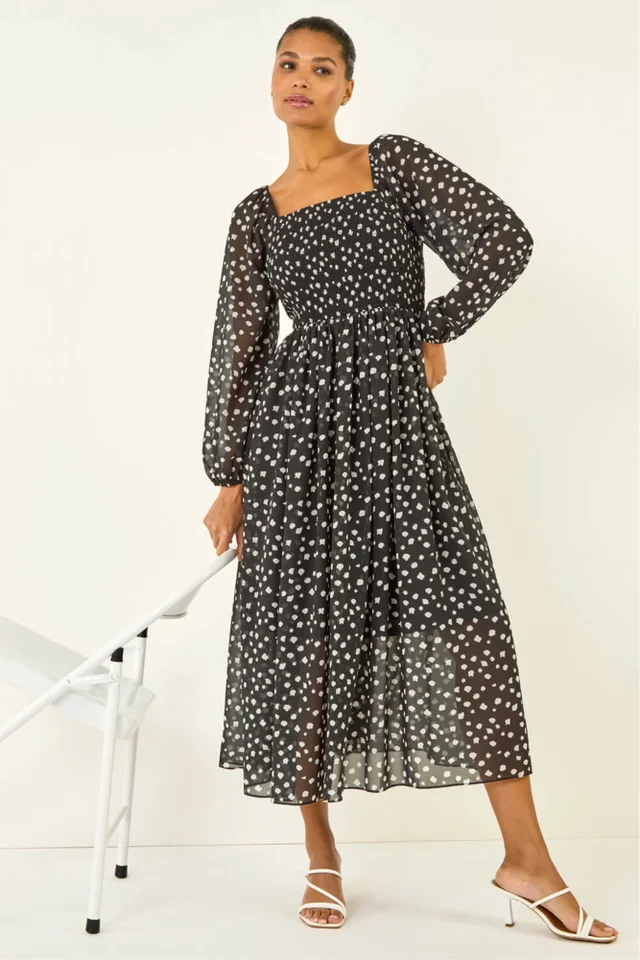 Roman Black Abstract Spot Shirred Midi Dress