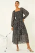 Roman Black Abstract Spot Shirred Midi Dress - 20 Image 1