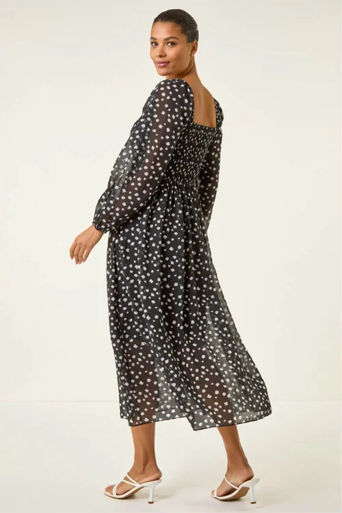 Roman Black Abstract Spot Shirred Midi Dress - 20 Image 3