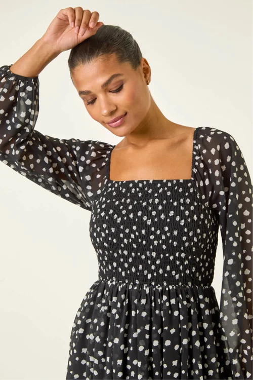 Roman Black Abstract Spot Shirred Midi Dress - 20 Image 4