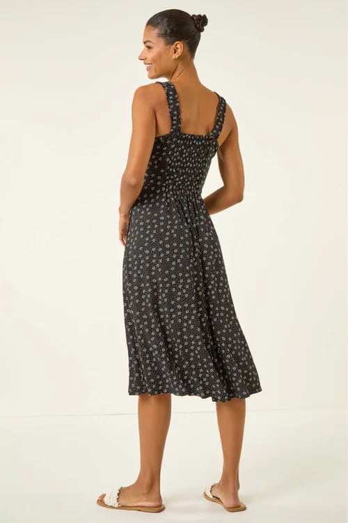 Roman Black Floral Spot Print Midi Dress - 12 Image 3
