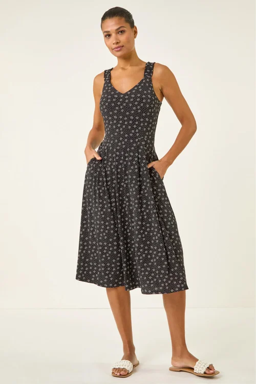 Roman Black Floral Spot Print Midi Dress - 12 Image 2