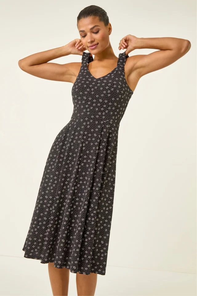 Roman Black Floral Spot Print Midi Dress