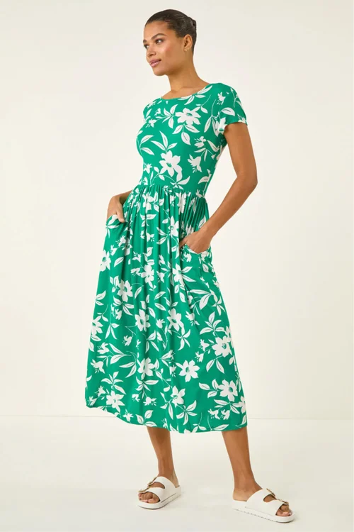 Roman Green Floral Print Pocket Midi Dress - 12 Image 3