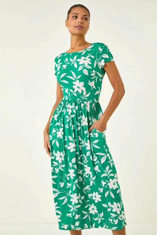 Roman Green Floral Print Pocket Midi Dress - 12 Image 2