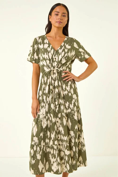 Roman Khaki Petite Abstract Print Tiered Midi Dress - 16 Image 2