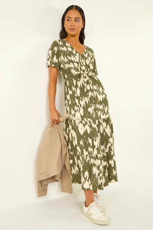 Roman Khaki Petite Abstract Print Tiered Midi Dress - 16 Image 1
