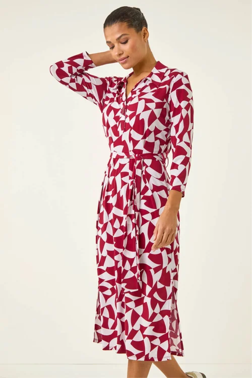 Roman Red Abstract Geometric Shirt Dress - 12 Image 4