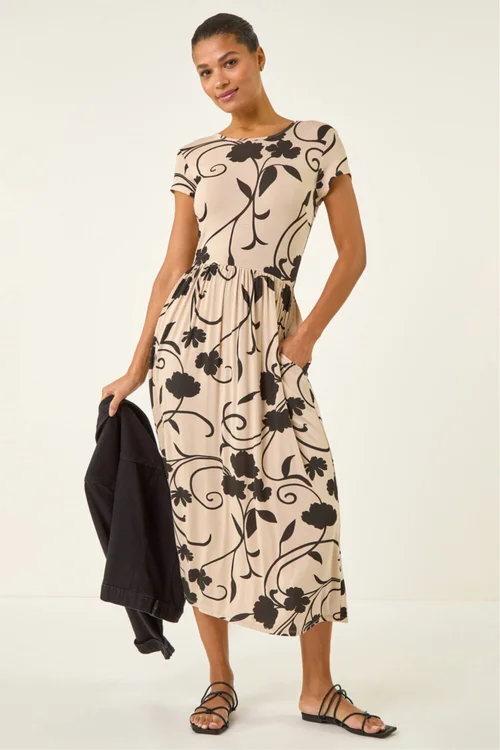 Roman Stone Shadow Floral Print Pocket Midi Dress - Size 14 Image 1