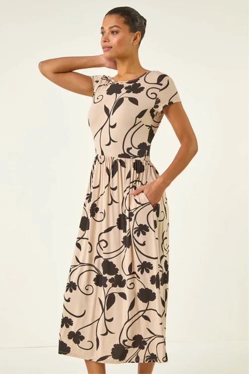 Roman Stone Shadow Floral Print Pocket Midi Dress - Size 14 Image 2