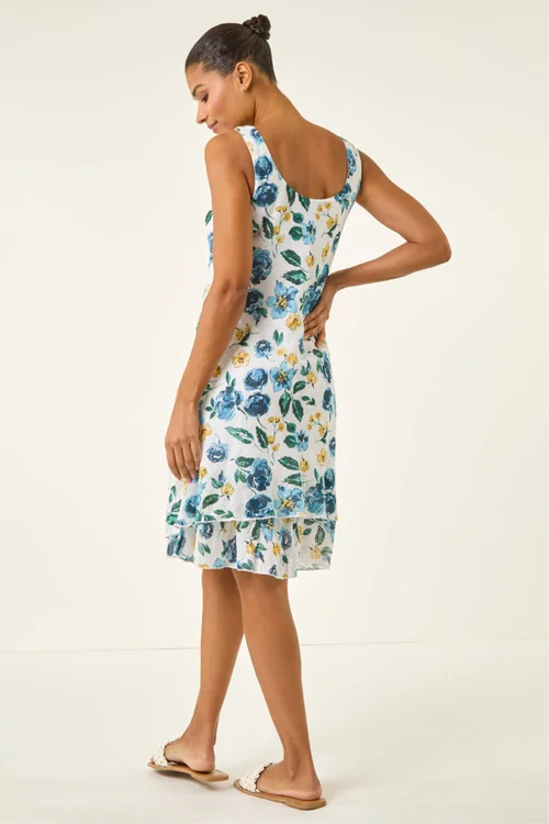 Roman Blue Floral Print Double Layer Dress - Size 10 Image 3