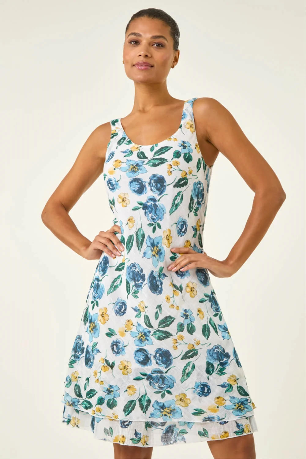 Roman Blue Floral Print Double Layer Dress - 10 Image 2