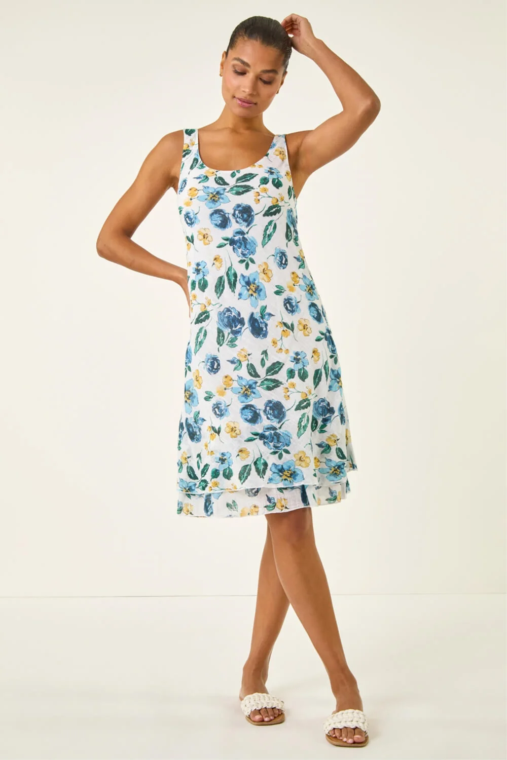 Roman Blue Floral Print Double Layer Dress - Size 10 Image 1