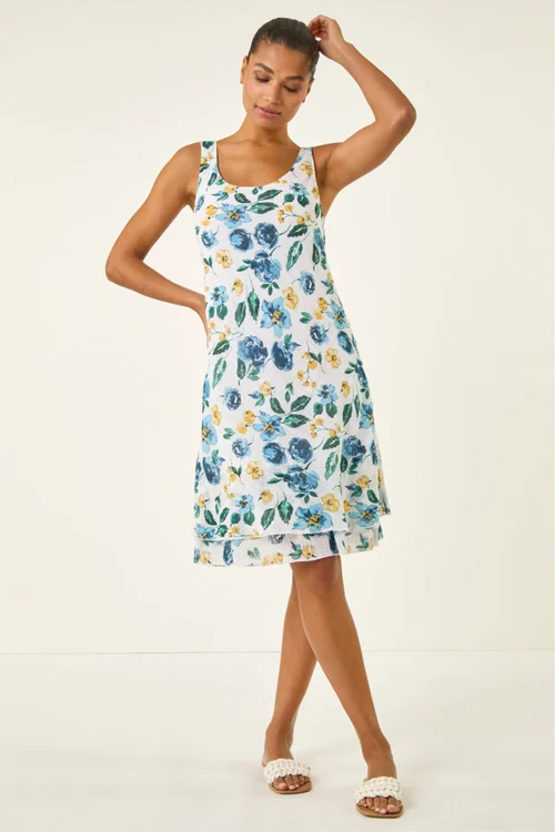 Roman Blue Floral Print Double Layer Dress - Size 10 Image 1