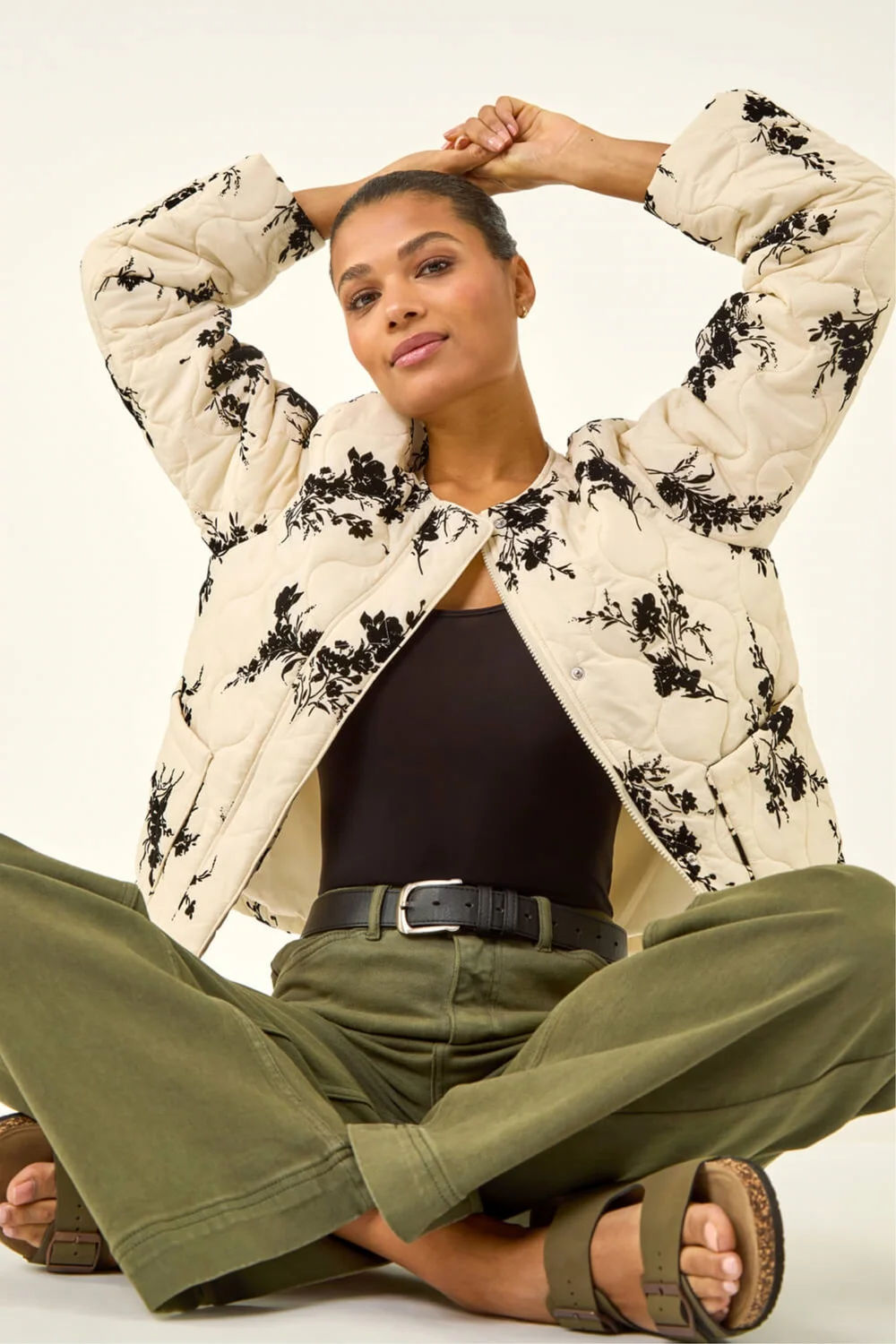 Roman Cream Floral Flock Quilted Jacket - Size 10 Image 1