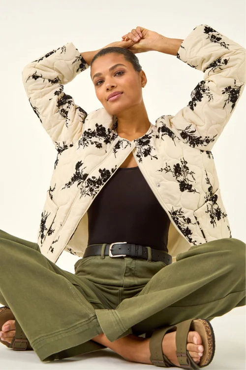 Roman Cream Floral Flock Quilted Jacket - Size 10 Image 1