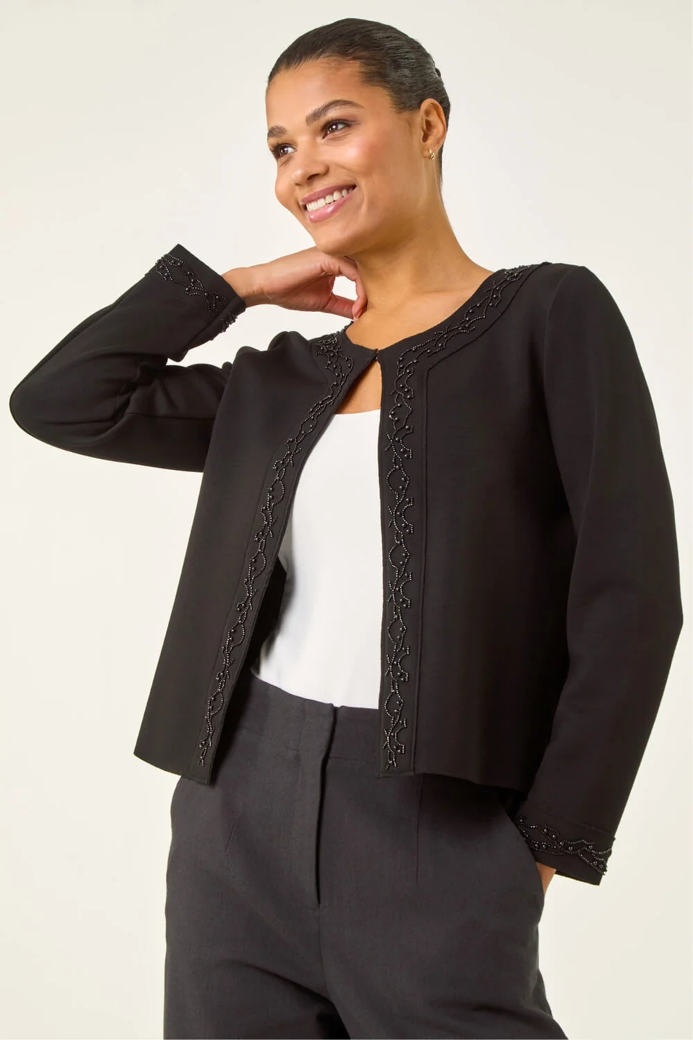 Roman Black Beaded Trim Open Jacket - Size 16 Image 1