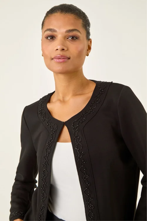 Roman Black Beaded Trim Open Jacket - Size 16 Image 4