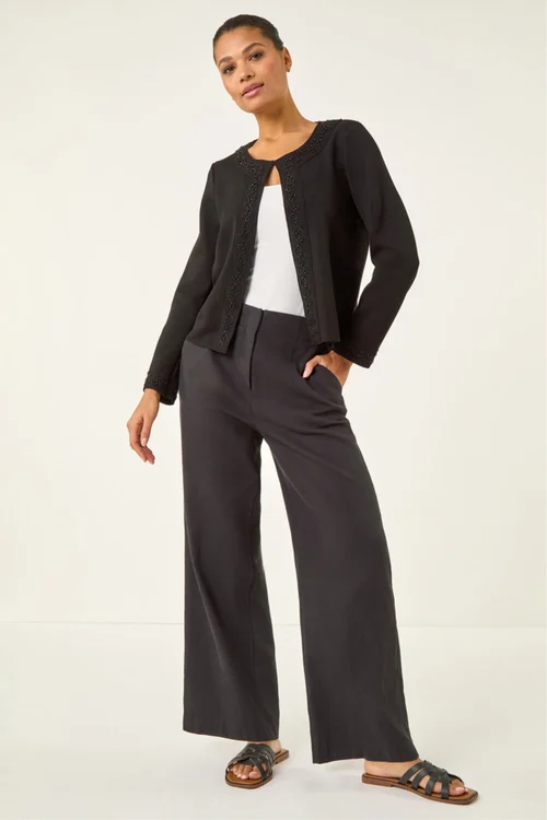 Roman Black Beaded Trim Open Jacket - Size 16 Image 2