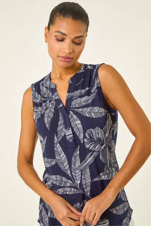 Roman Navy Floral Puff Print Stretch Vest Top - 18 Image 4
