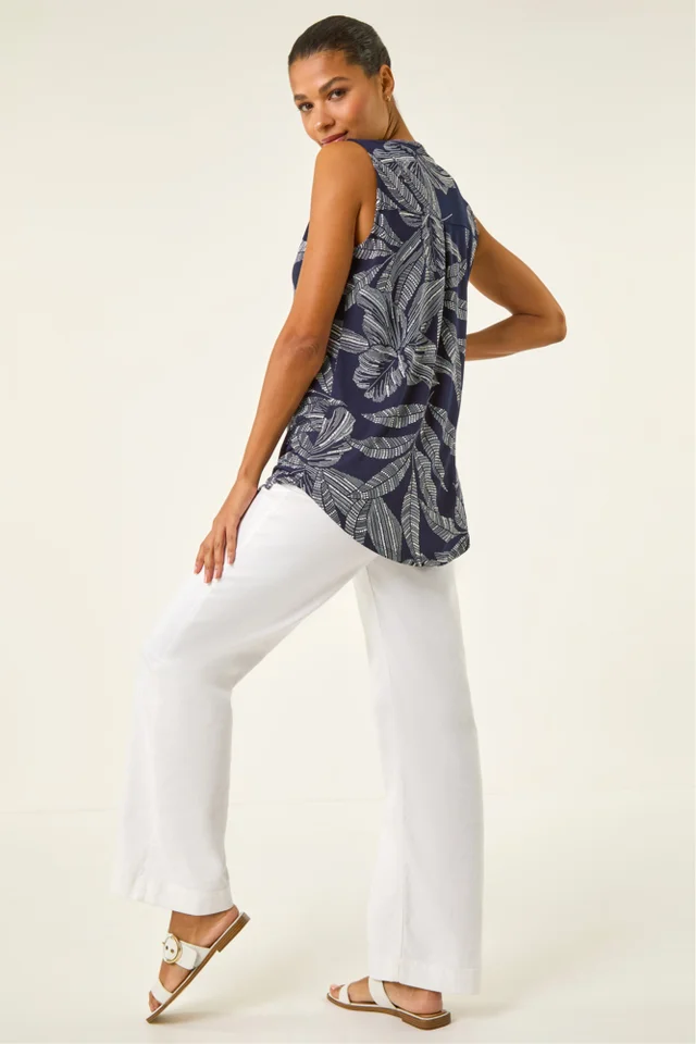 Roman Navy Floral Puff Print Stretch Vest Top