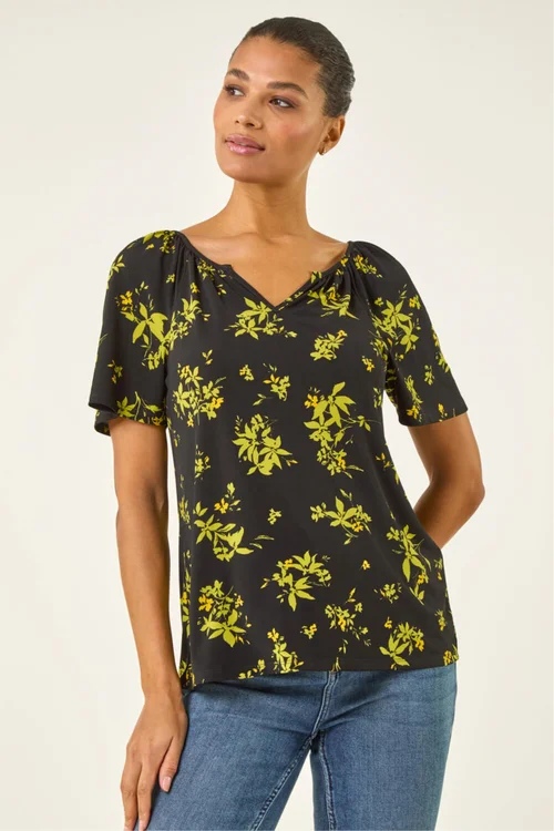 Roman Green Floral Print Gathered Stretch Top - Size 18 Image 1