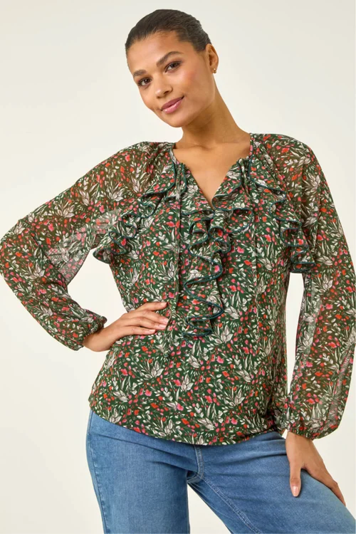 Roman Green Floral Mesh Print Gathered Top - Size 10 Image 4