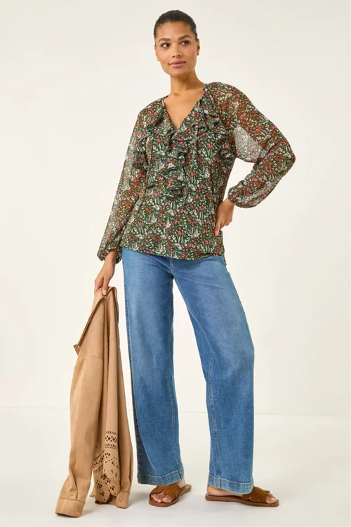 Roman Green Floral Mesh Print Gathered Top - Size 10 Image 2