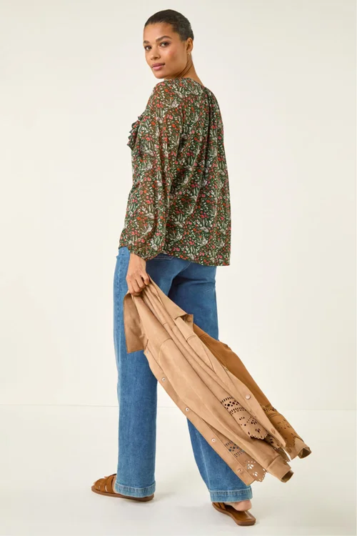 Roman Green Floral Mesh Print Gathered Top - Size 10 Image 3