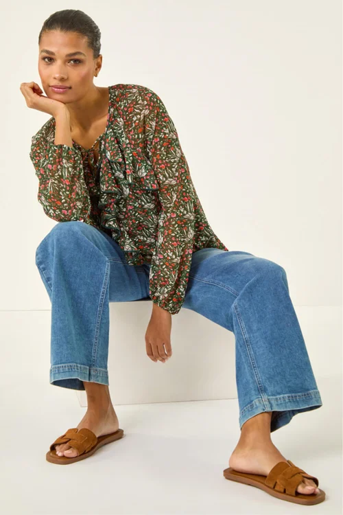 Roman Green Floral Mesh Print Gathered Top - Size 10 Image 1