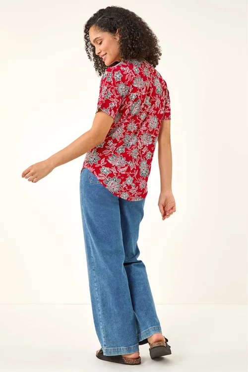 Roman Red Floral Print Zip Detail Top - Size 14 Image 3