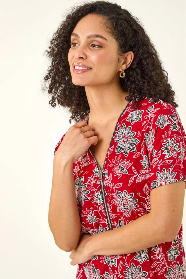 Roman Red Floral Print Zip Detail Top