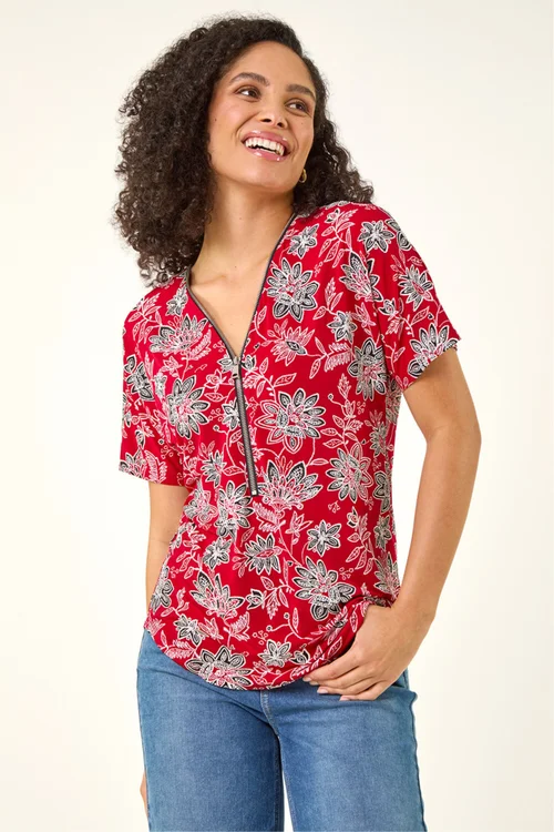 Roman Red Floral Print Zip Detail Top - Size 14 Image 4