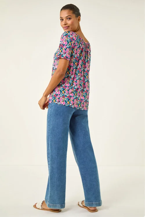 Roman Pink Floral Gathered V-Neck Stretch Top - Size 20 Image 3