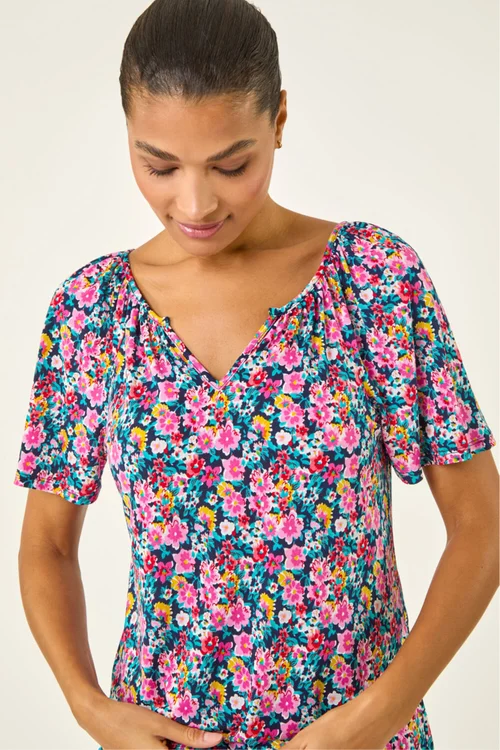 Roman Pink Floral Gathered V-Neck Stretch Top - Size 20 Image 4