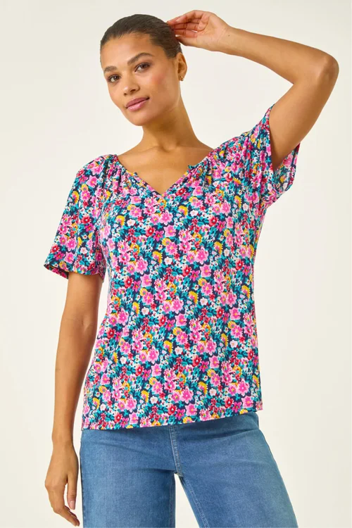 Roman Pink Floral Gathered V-Neck Stretch Top - Size 20 Image 2