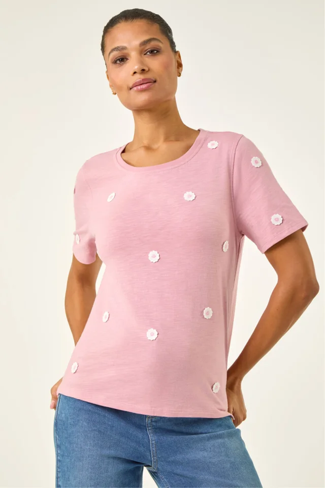 Roman Pink Textured Floral Stretch T-Shirt