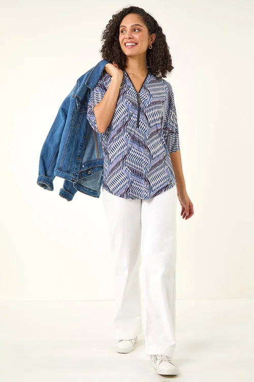 Roman Blue Printed Zip Front Top - Size 20 Image 1