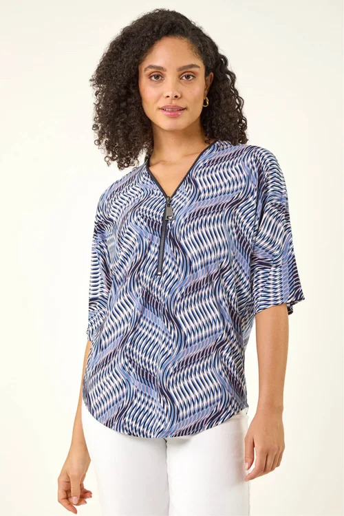 Roman Blue Printed Zip Front Top - Size 20 Image 2