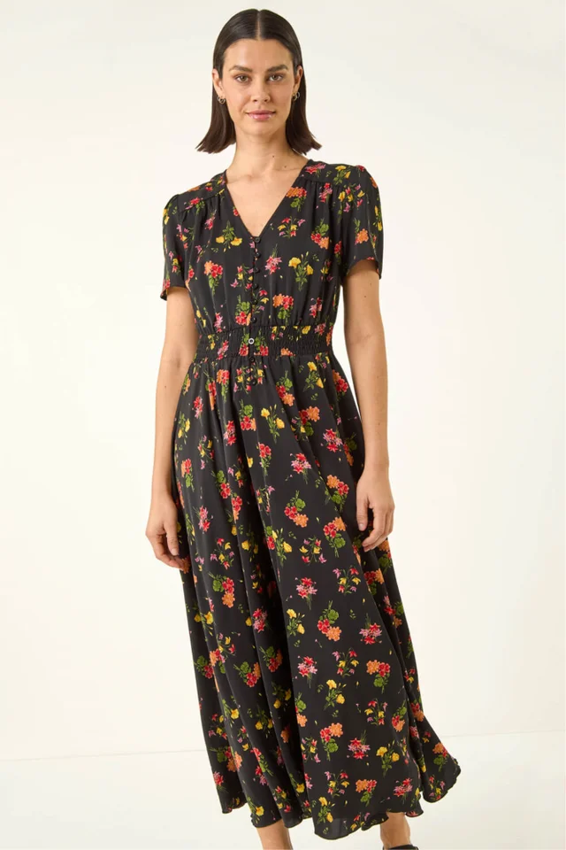 Roman Black Floral Print Buttoned Midi Dress