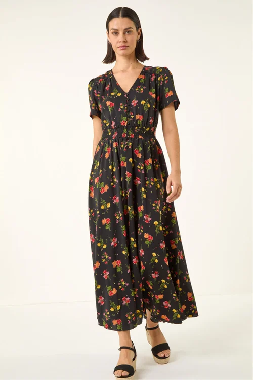 Roman Black Floral Print Buttoned Midi Dress - 12 Image 2