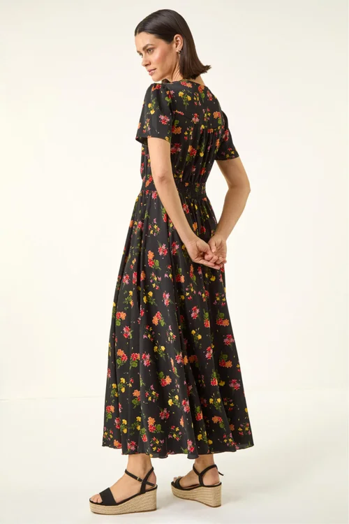 Roman Black Floral Print Buttoned Midi Dress - 12 Image 3